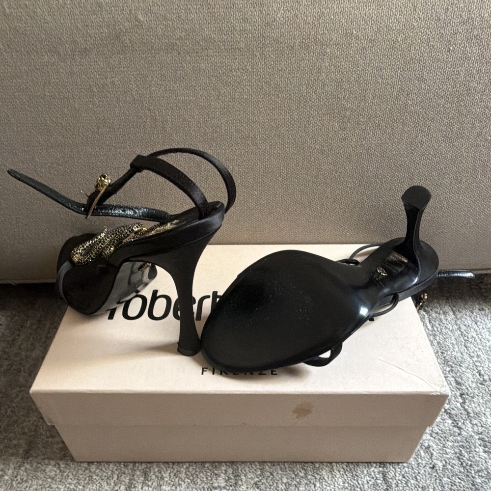 Roberto Cavalli Black/Gold Silk Strappy Open Toe Ankle Strap Buckle Heel 9 NIB - Picture 5 of 6